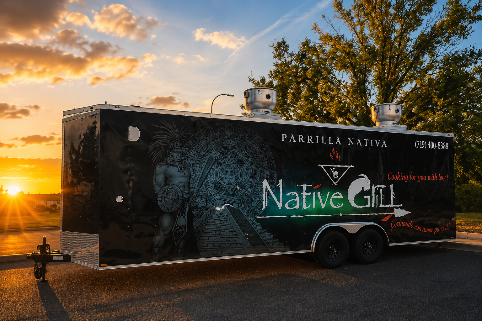Native Grill food trailer with Aztec-inspired graphics at golden hour